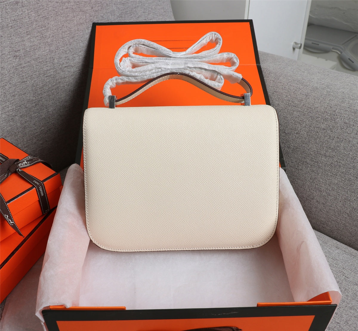 HM CONSTANCE BAGS 19 CREAM EPSOM SILVER HARDWARE