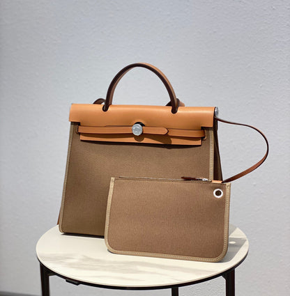 Herbag 31 Toile Brown Canvas Gold Cowhide Leather