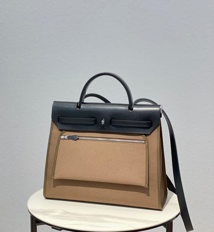 Herbag 31 Toile Brown Canvas Black Cowhide Leather