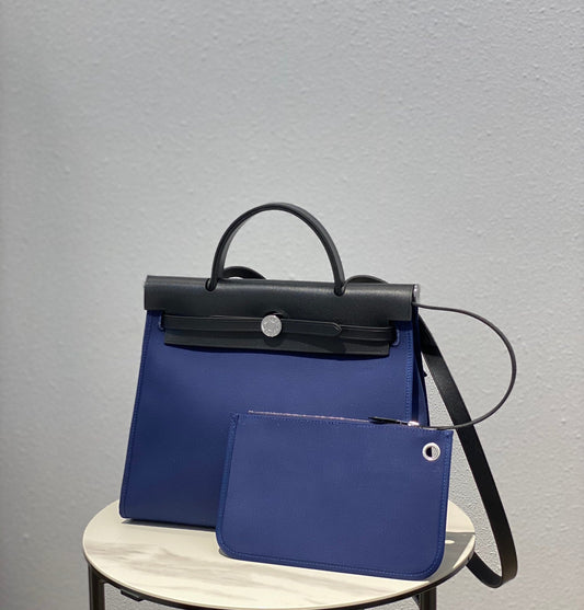 Herbag 31 Toile Blue Canvas Black Cowhide Leather