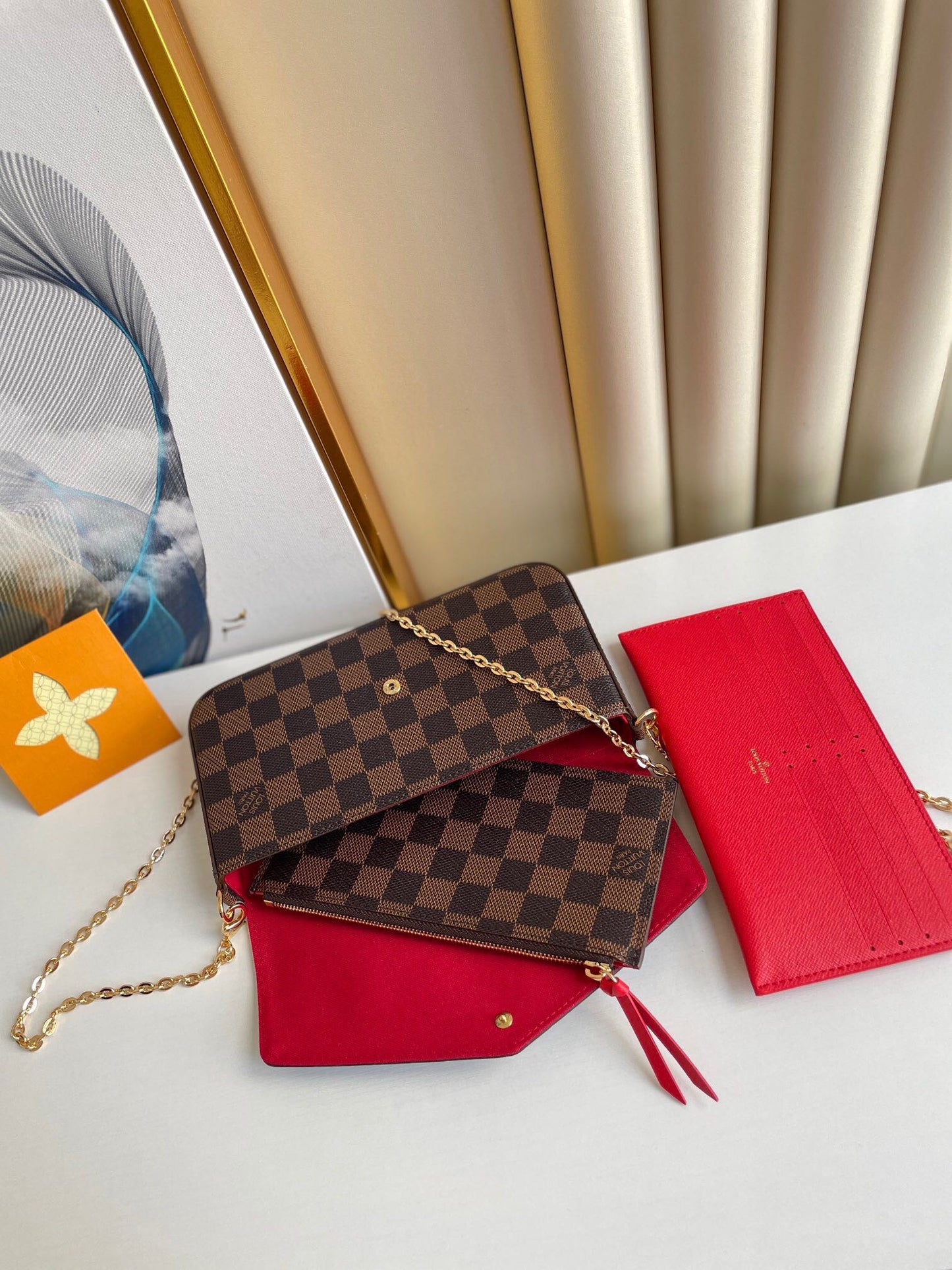 F¨¦LICIE POCHETTE 21 IN BROWN DAMIER EBENE COATED CANVAS GOLD HARDWARE