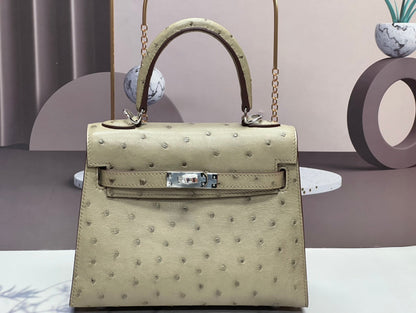 KELLY BAG 20 IN KHAKI TAN OSTRICH LEATHER WITH SILVER HARDWARE (MADE - TO - ODER)