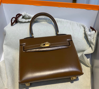 KELLY MINI 20 BAG IN CHOCOLATE BROWN SMOOTH CALFSKIN WITH GOLD HARDWARE (MADE - TO - ODER)
