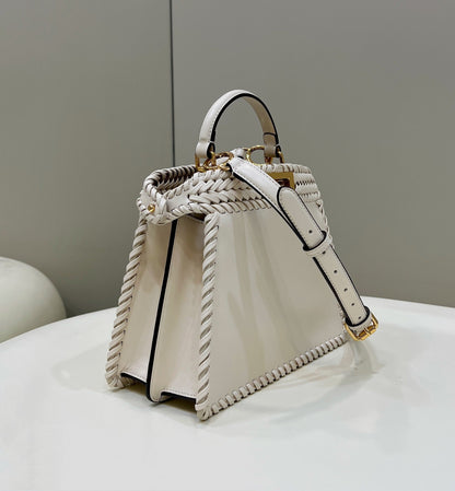 PEEKABOO ISEEU 27 IN WHITE SMOOTH CALFSKIN WITH WOVEN TRIM GOLD HARDWARE