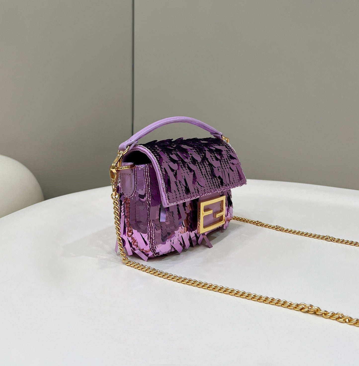 BAGUETTE MINI 19 IN PERIWINKLE PURPLE SEQUINS GOLD HARDWARE