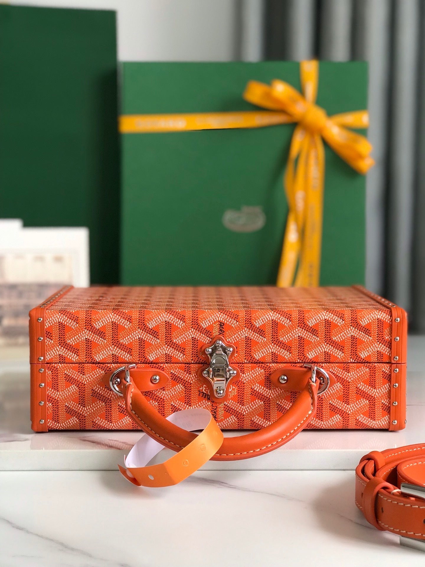 GRAND H?TEL TRUNK BAG 24 IN ORANGE GOYARDINE CANVAS AND CALFSKIN