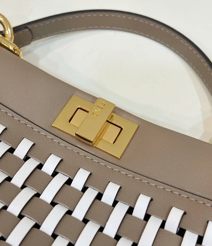 PEEKABOO 24 IN WHITE MIX BROWN INTERLACED CALFSKIN GOLD HARDWARE