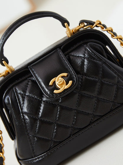 CC 24A Mini Top Handle 13cm Black Wax Leather Gold Hardware 238455
