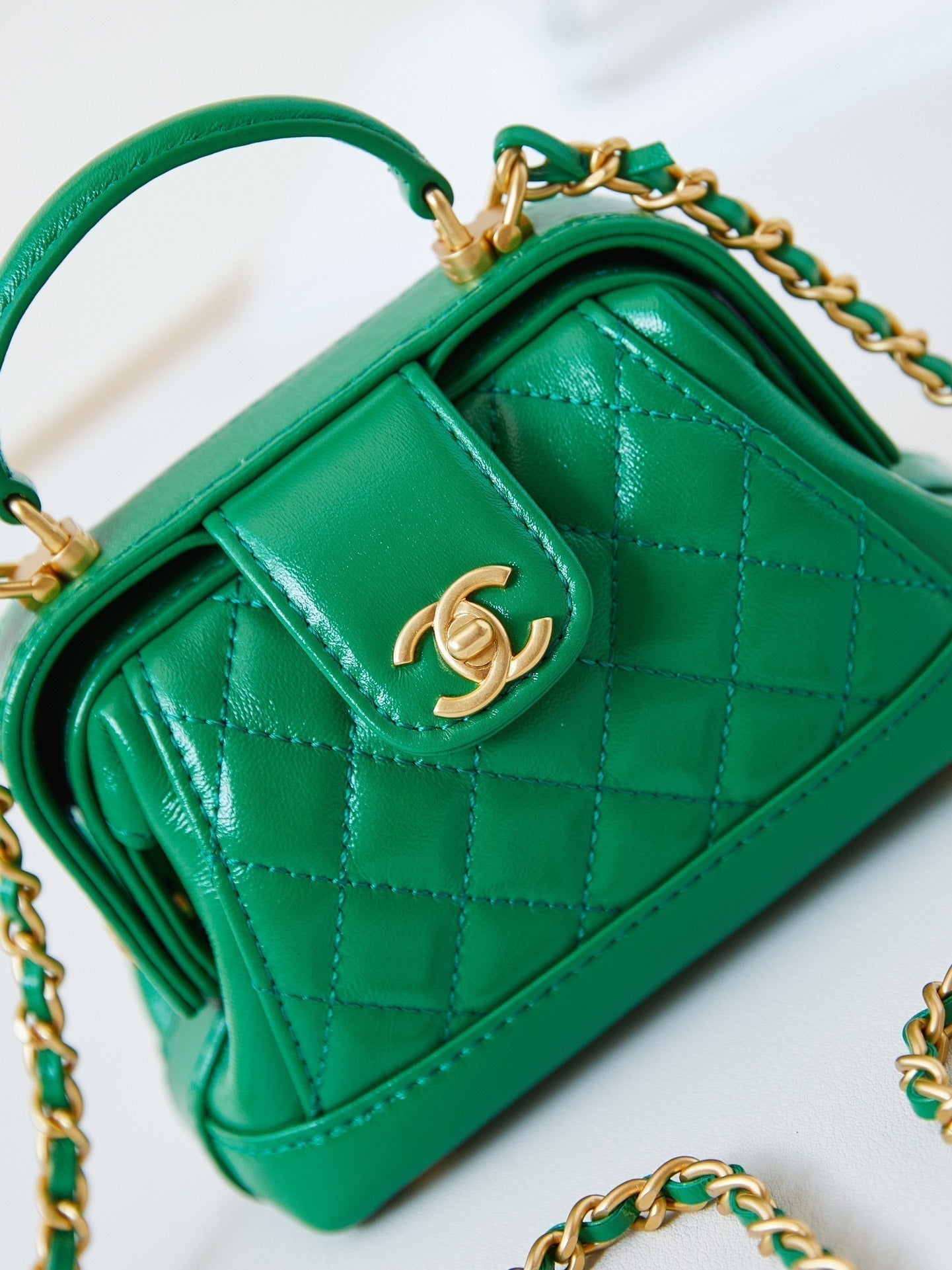 CC 24A Mini Top Handle 13cm Green Wax Leather Gold Hardware 238465