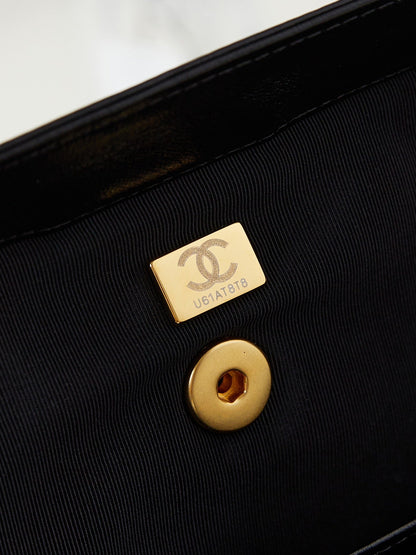 CC 24A Top Handle 23.5cm Black Wax Leather Gold Hardware 238469
