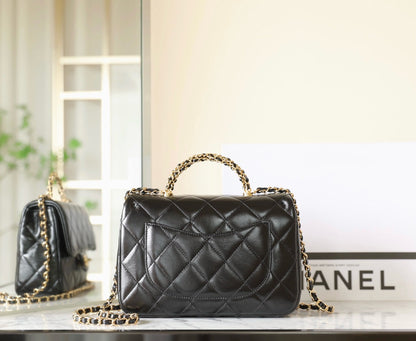 24B Small Flap Bag With Top Handle 25cm Black Lambskin