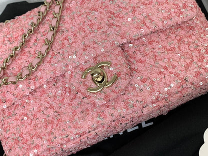 25C Flap Bag 20cm Pink Polka Dot Silver Sequin Calfskin