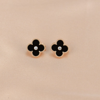 CLOVER MEDIUM 1 MOTIFS ONYX DIAMOND EARRINGS