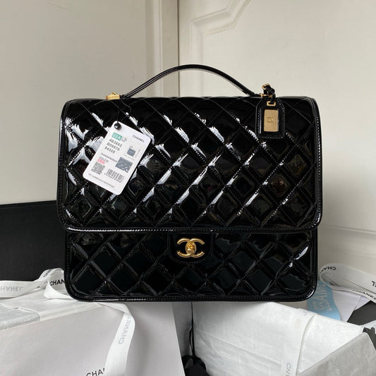 cc large backpack 31cm black patent calfskin gold hardware