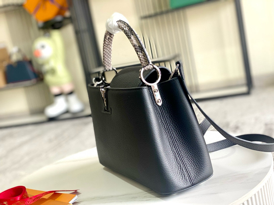 Capucines Bag Black Calfskin Leather Snake Top Handle Best Version