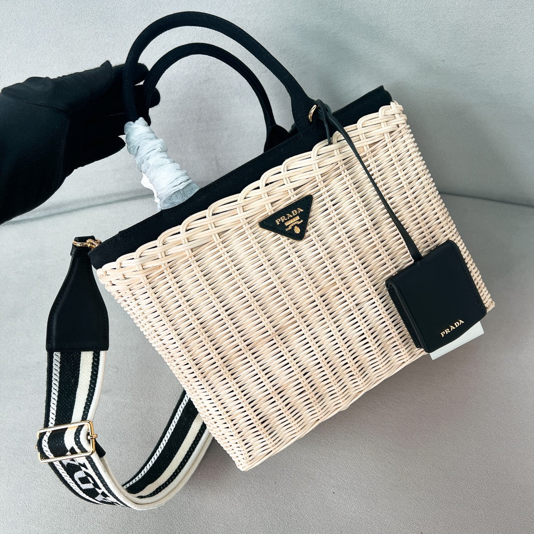 pra medium 26cm black wicker and linen blend tote bag