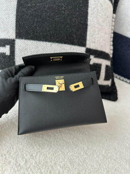 HM Mini Kelly 19cm Black Epsom Gold Hardware Best Version