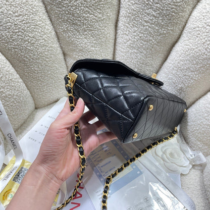 CC 25P Medium Flap Bag 25cm Top Handle Black Calfskin Gold Hardware