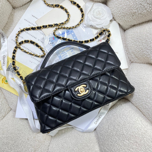 CC 25P Medium Flap Bag 25cm Top Handle Black Calfskin Gold Hardware