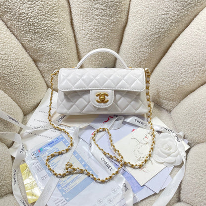 CC 25P Mini Flap Bag 22cm Top Handle Cream Calfskin Gold Hardware