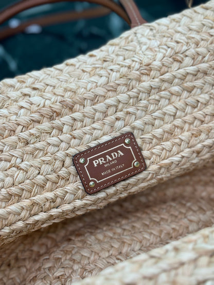 LARGE TOTE BAG 56 IN BEIGE RAFFIA GRASS AND BROWN CALFSKIN TRIM
