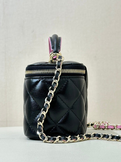vanity shoulder bag top handle 10cm black pink lambskin