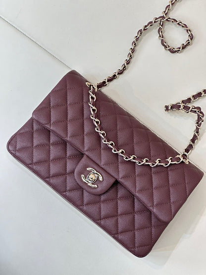 CLASSIC FLAP 25CM BURGUNDY CAVIAR LIGHT GOLD HARDWARE