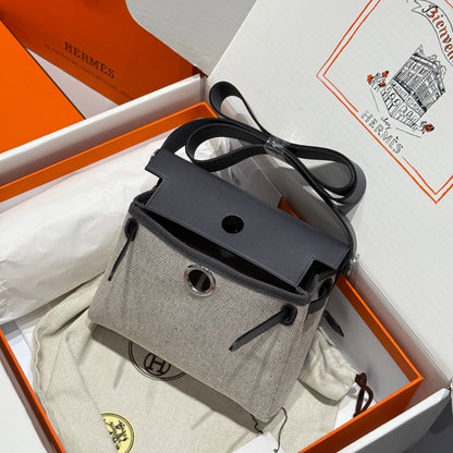 HM Mini Herbag Silver Buckle 20 Beige Grey Canvas and Hunter Cowhide 243290