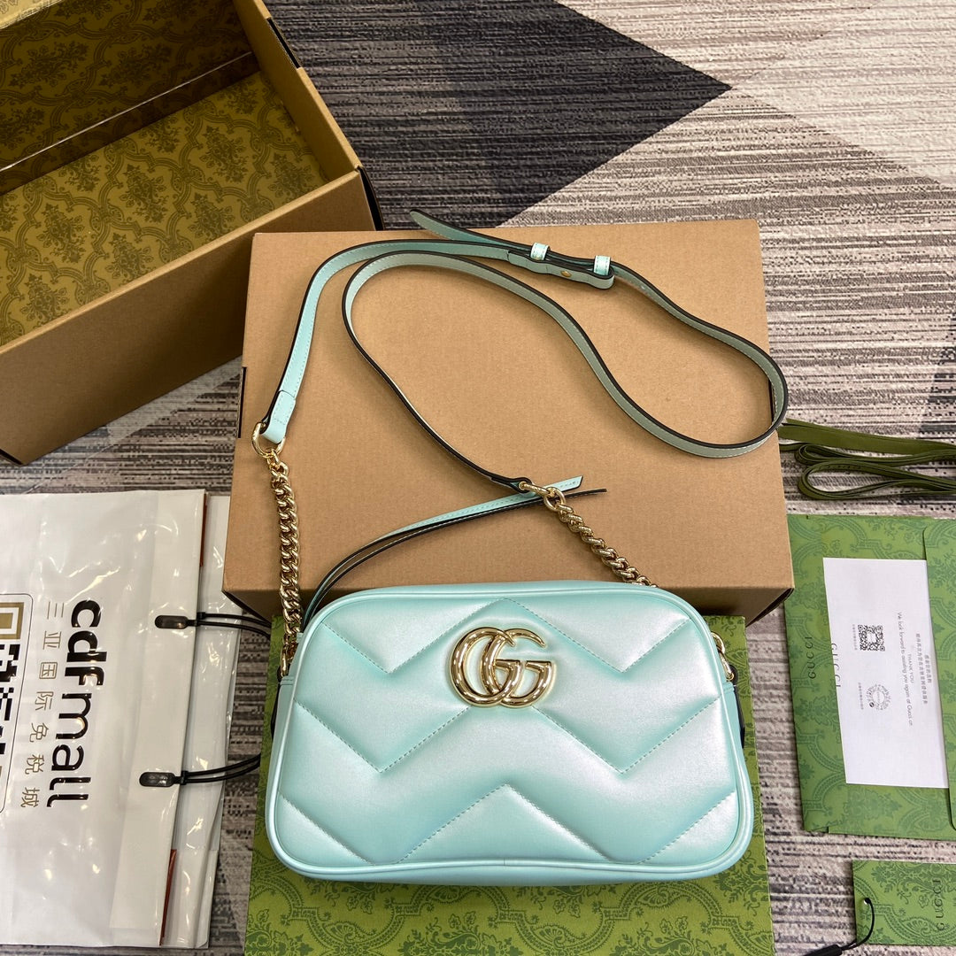 GG MARMONT 24 SMALL MATELASS¨¦ SHOULDER BAG BLUE IRIDESCENT CALFSKIN