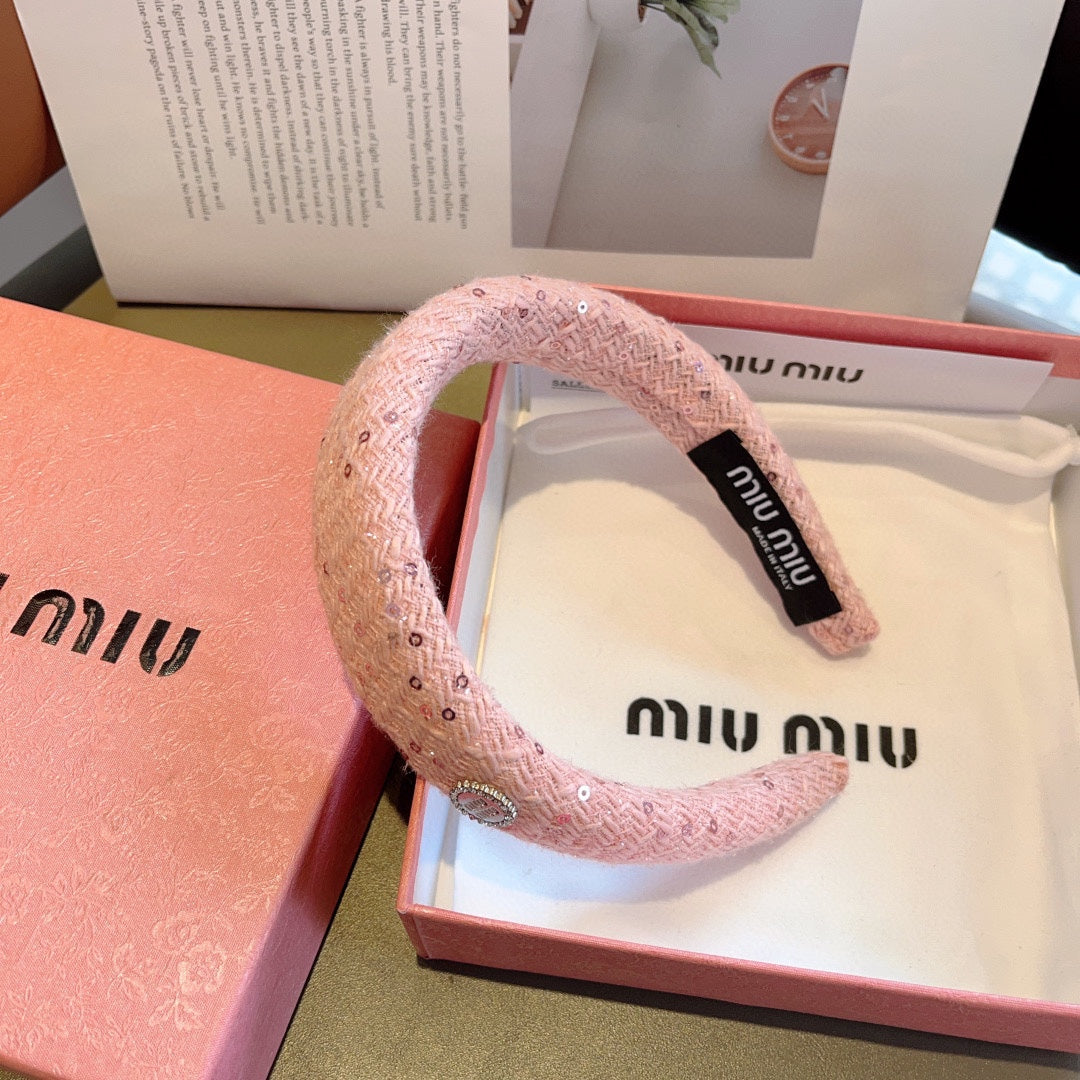 THICK HEADBAND IN PINK TWEED EMBELLISHED SEQUINS 406045