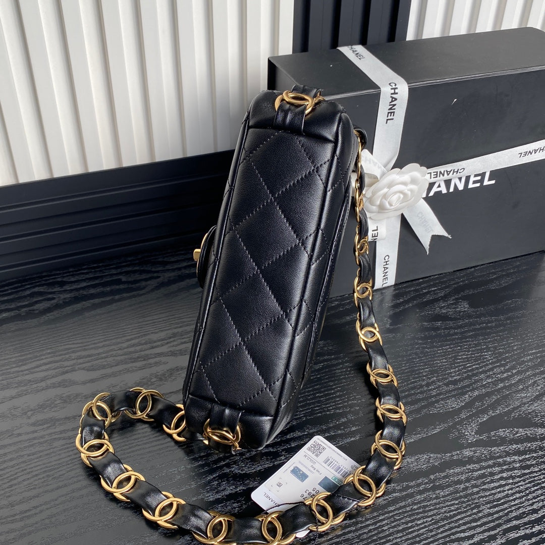 CC 24K Mini Flap Bag 21cm Black Lambskin Gold Hardware