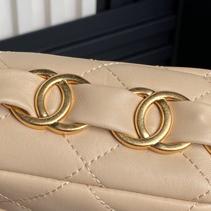 CC 24K Mini Flap Bag 21cm Beige Lambskin Gold Hardware