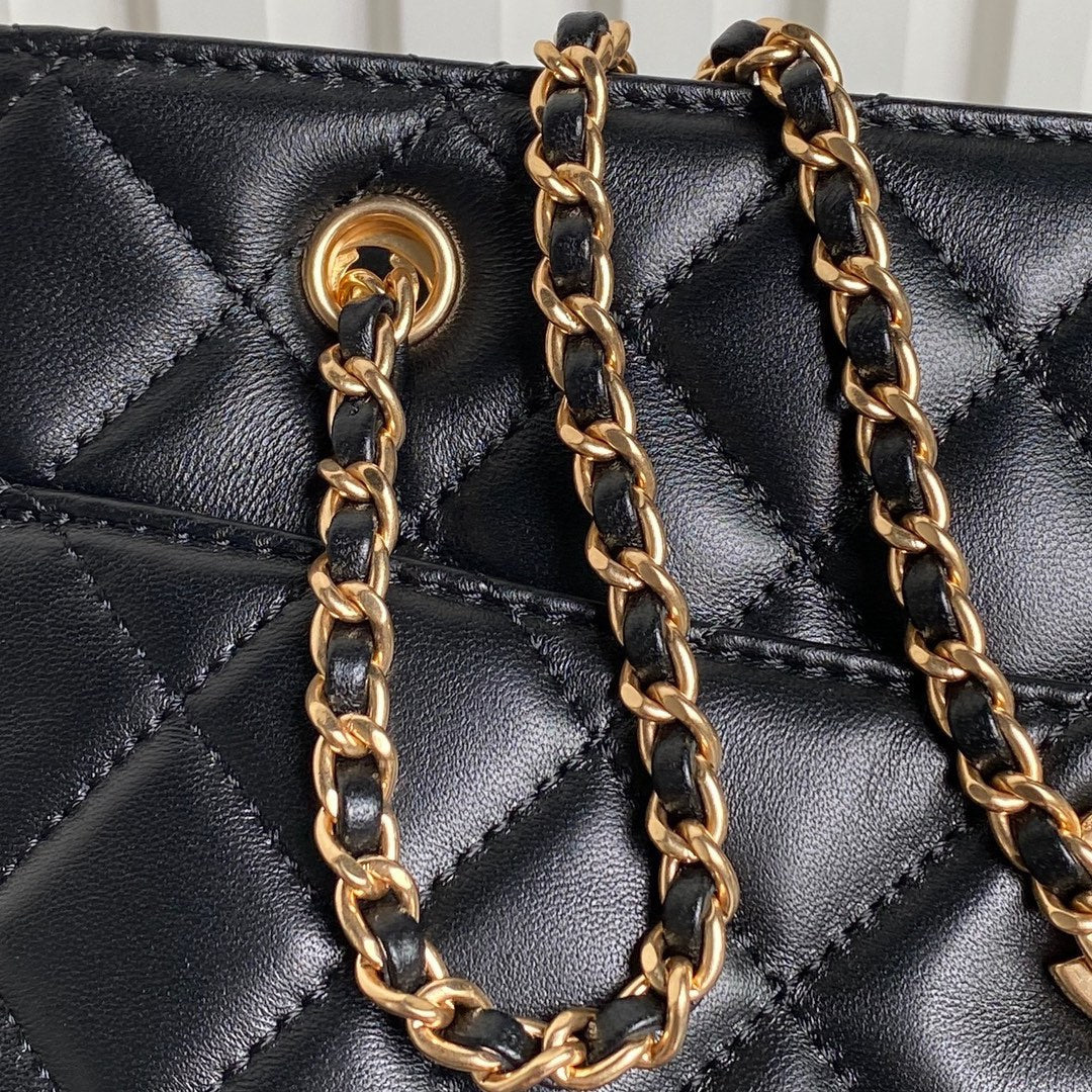 24K Shopping Bag 28cm Black Calfskin Gold Hardware