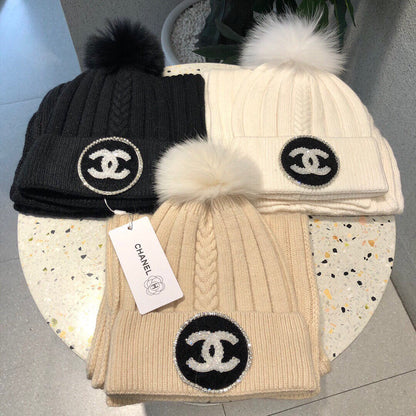SET BEANIE HAT AND SCARF IN BISQUE BEIGE WOOL 424022