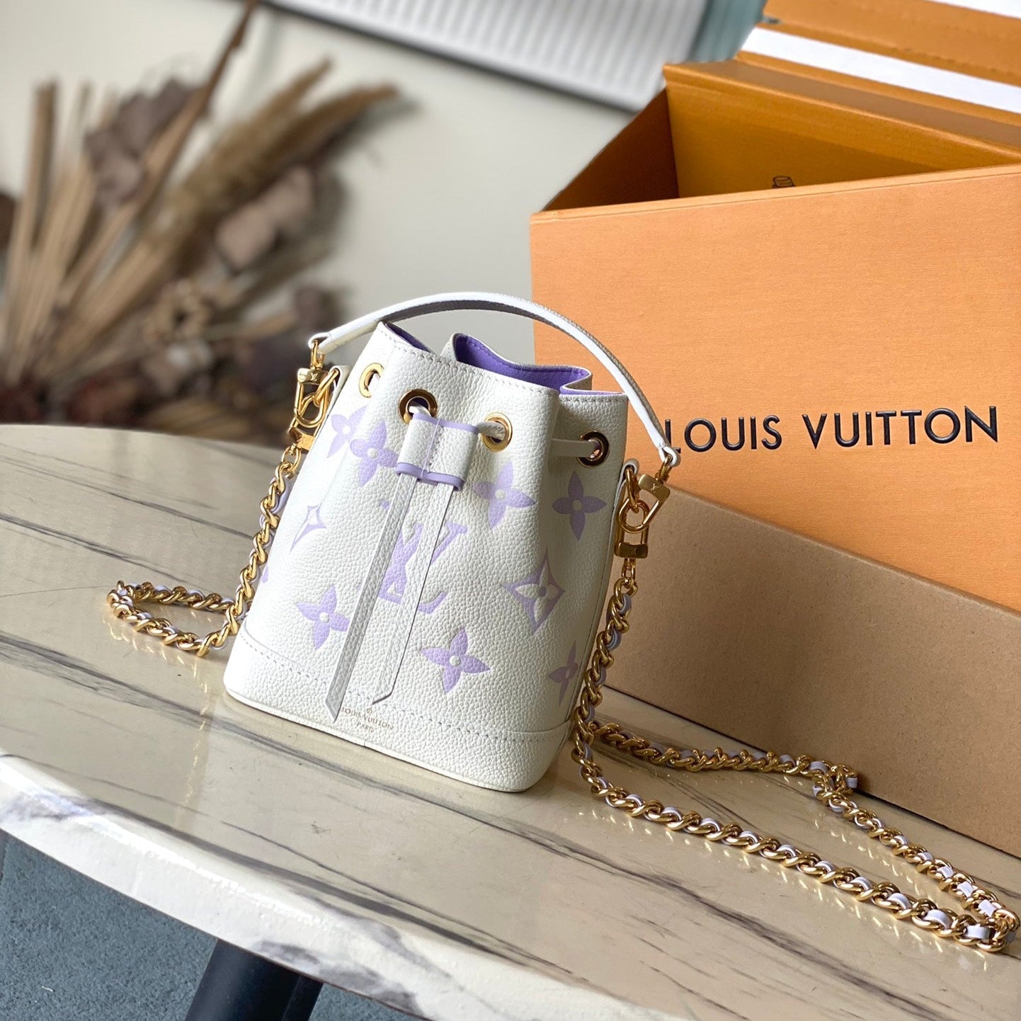 NANO NO¨¦ 16 IN WHITE PURPLE MONOGRAM EMBOSSED CALFSKIN