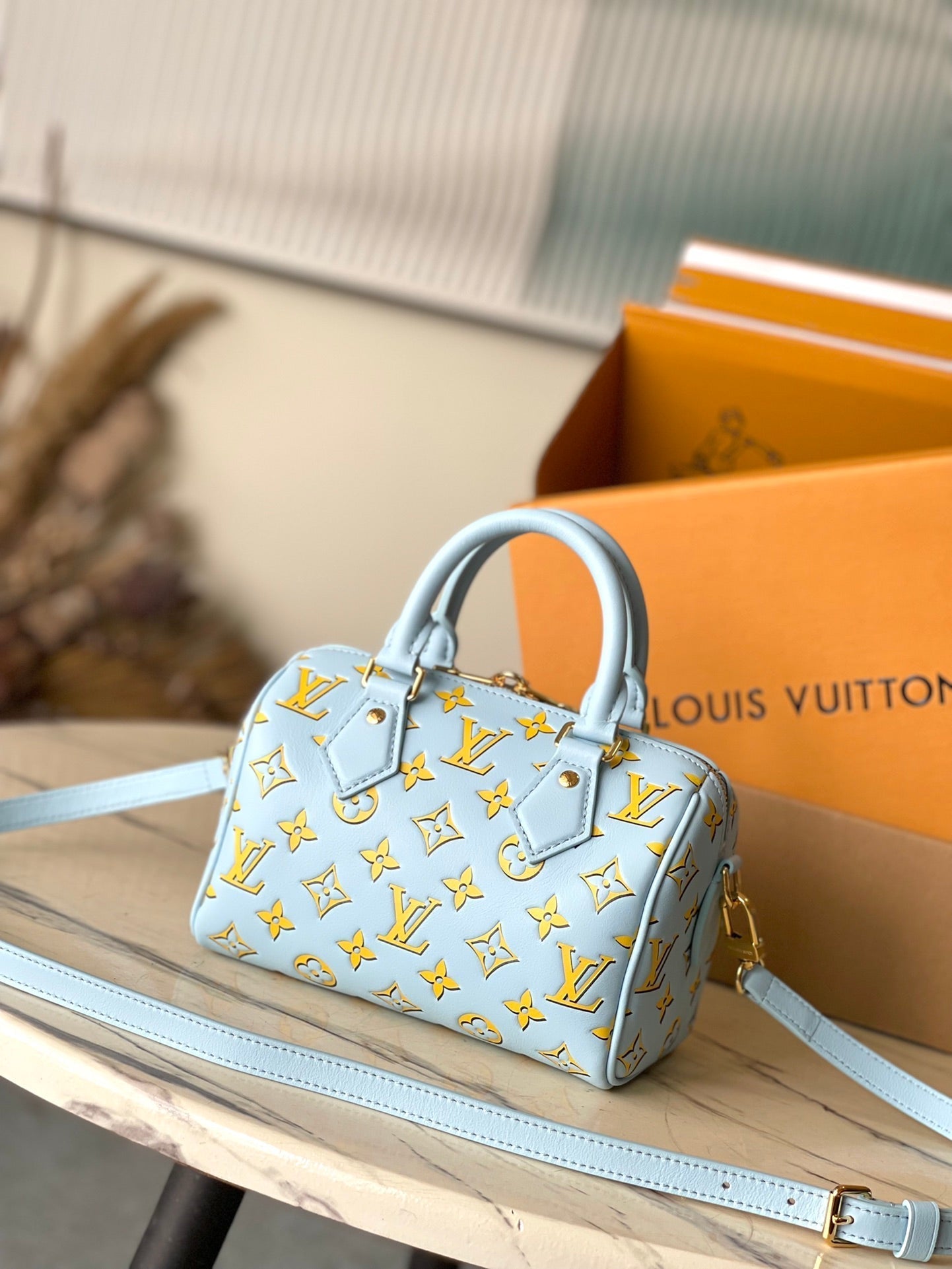 SPEEDY BANDOULI¨¨RE 20 IN SKY YELLOW MONOGRAM CALFSKIN GOLD BUCKLE