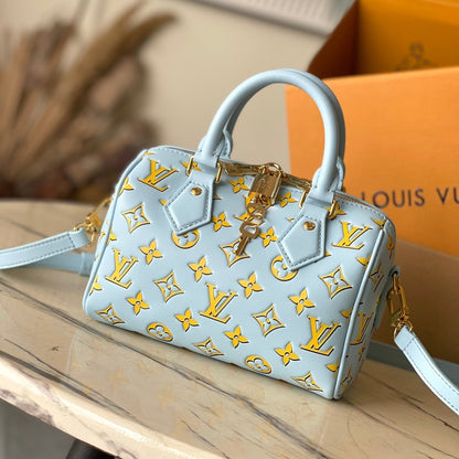 SPEEDY BANDOULI¨¨RE 20 IN SKY YELLOW MONOGRAM CALFSKIN GOLD BUCKLE