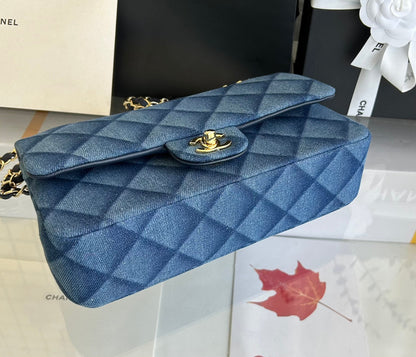 MINI FLAP BAG 20 IN CLASSIC BLUE DENIM GOLD HARDWARE