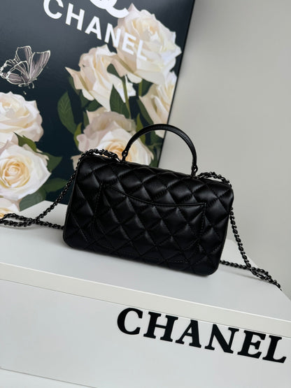 24c mini flap bag 20cm with top handle all black calfskin