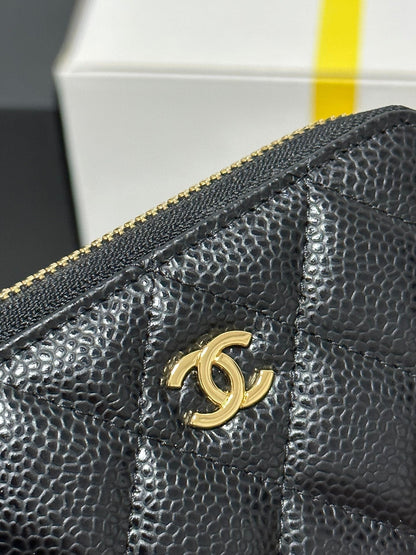 CC Classic Zipped Coin Purse Black Quilted Caviar Gold Buckle 243691