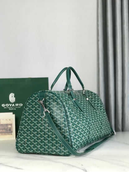 BOSTON 50 BAG IN GREEN GOYARDINE CANVAS AND CALFSKIN TRIM