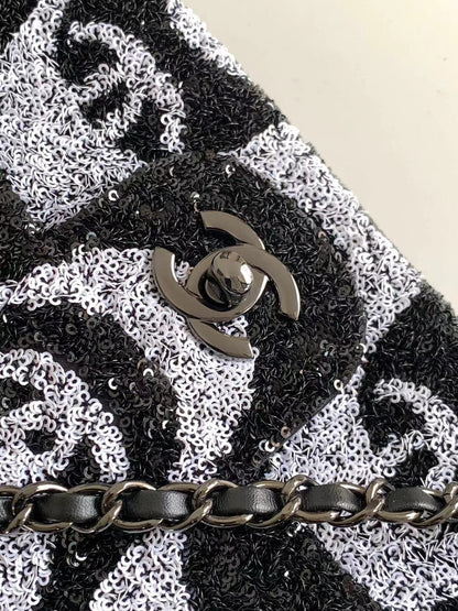 flap bag medium 25 black grey sequin silver hardware