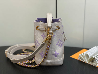 nano noe 13 cream purple monogram calfskin gold hardware