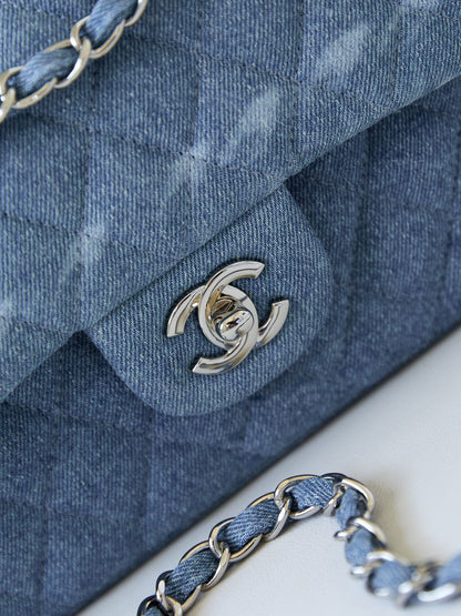 CC 24K Flap Bag 25cm Blue Denim Silver Hardware