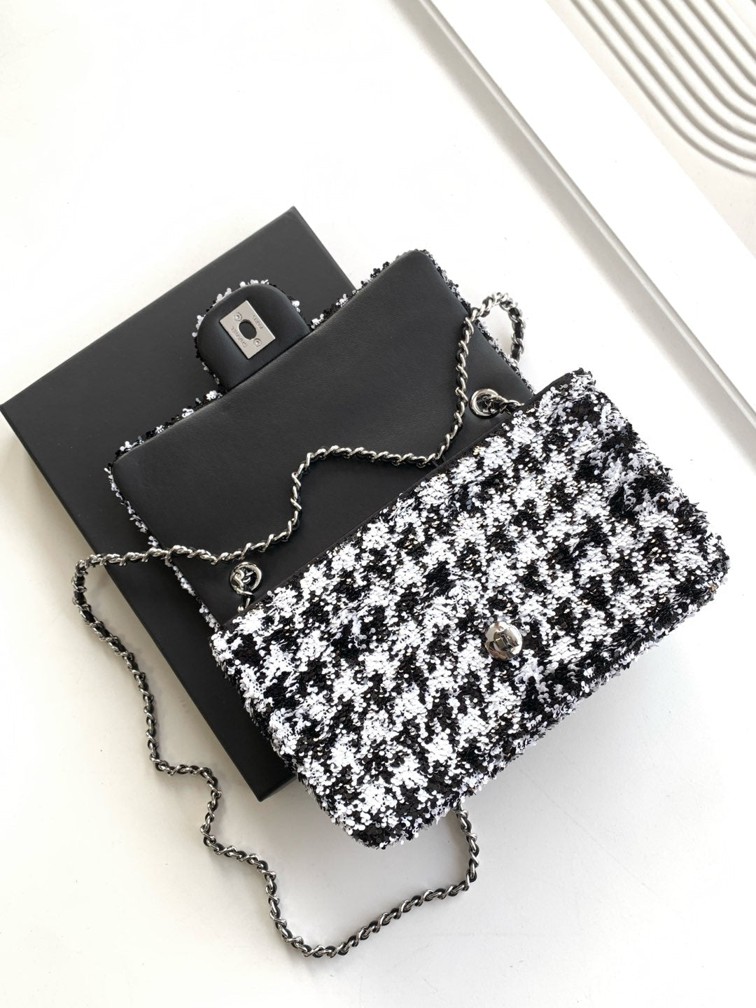 CC 25C White Black Sequin Silver Hardware