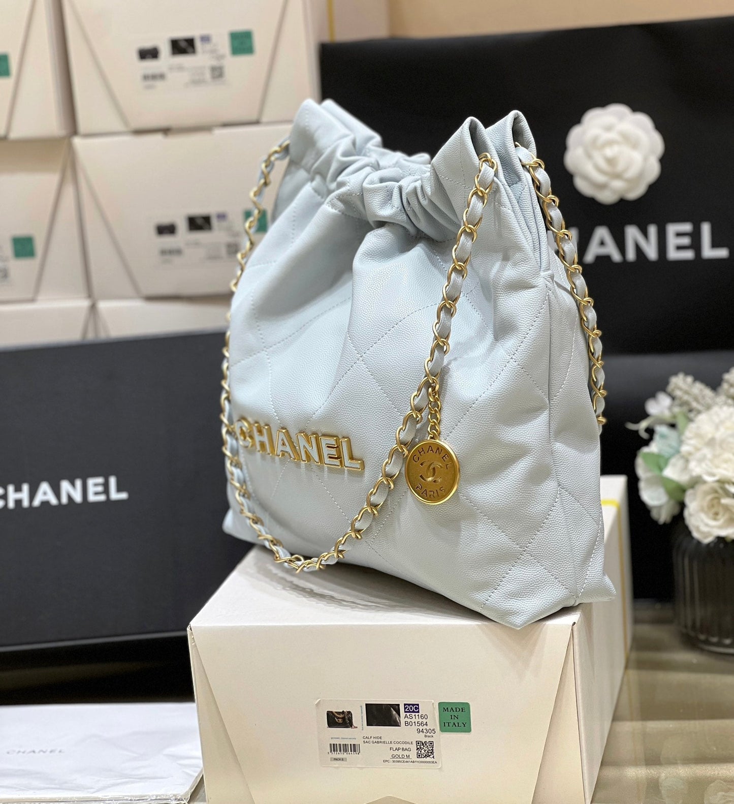 CC 24K Hobo 22 Bag Cloud Blue Grained Calfskin